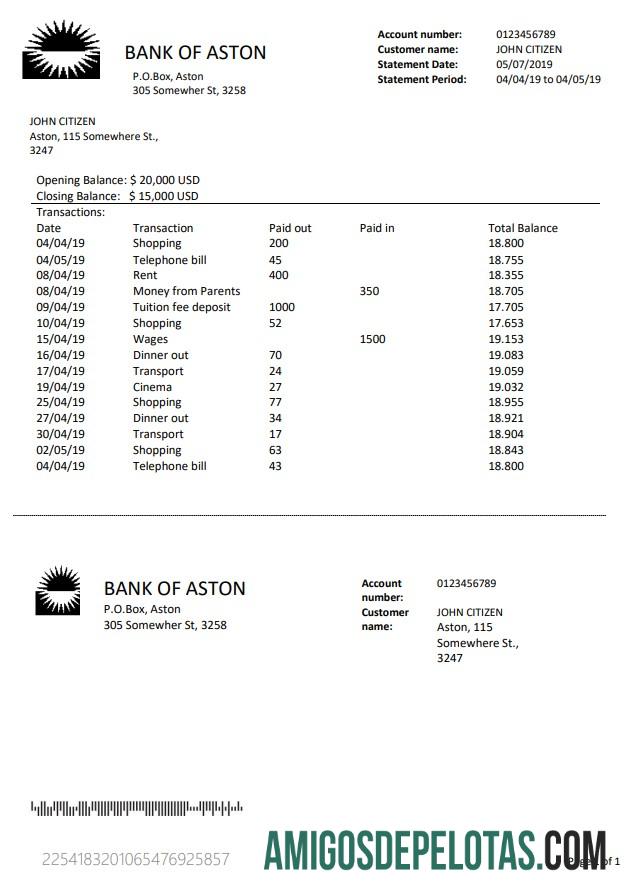 Modelo de extrato bancário do Banco do Reino Unido para impressão em formato Word e PDF, bom para comprovar endereço
